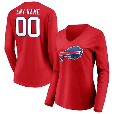 Women's Red Buffalo Bills Team Authentic Logo Personalized Name & Number V-Neck Long Sleeve T-Shirt