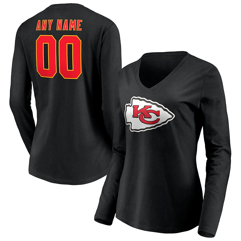 Women's Black Kansas City Chiefs Team Authentic Logo Personalized Name & Number V-Neck Long Sleeve T-Shirt