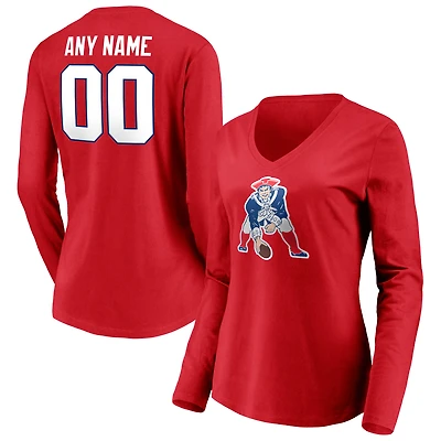 Women's Red New England Patriots Team Authentic Logo Personalized Name & Number V-Neck Long Sleeve T-Shirt