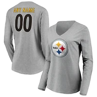 Women's Gray Pittsburgh Steelers Team Authentic Custom Long Sleeve V-Neck T-Shirt
