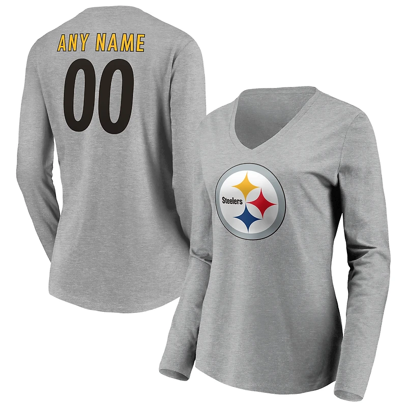 Women's Gray Pittsburgh Steelers Team Authentic Custom Long Sleeve V-Neck T-Shirt
