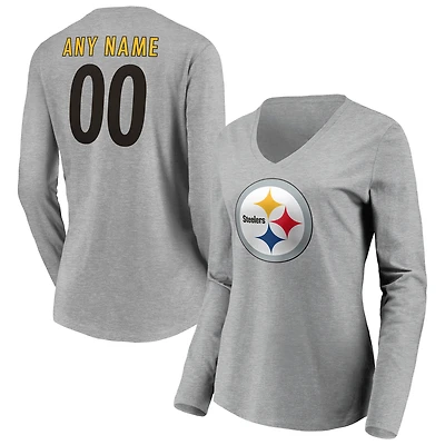 Women's Gray Pittsburgh Steelers Team Authentic Custom Long Sleeve V-Neck T-Shirt