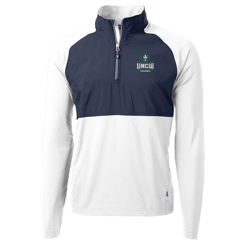 Men's Cutter & Buck White/Navy UNC Wilmington Seahawks Adapt Eco Knit Hybrid Recycled Quarter-Zip Pullover Top