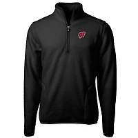 Men's Cutter & Buck Black Wisconsin Badgers Team Logo Cascade Eco Sherpa Fleece Quarter-Zip Pullover Jacket