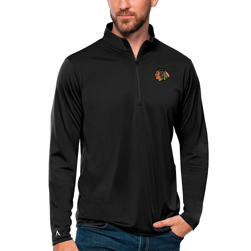Men's Antigua Black Chicago Blackhawks Tribute Quarter-Zip Pullover Top