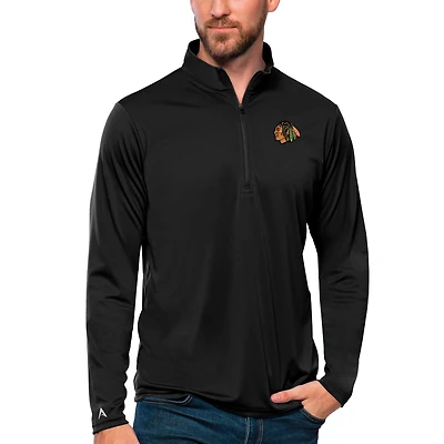 Men's Antigua Black Chicago Blackhawks Tribute Quarter-Zip Pullover Top