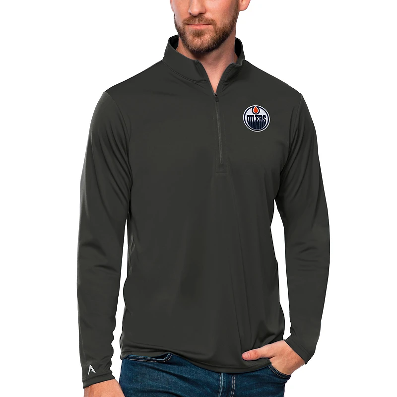 Men's Antigua Charcoal Edmonton Oilers Tribute Quarter-Zip Pullover Top