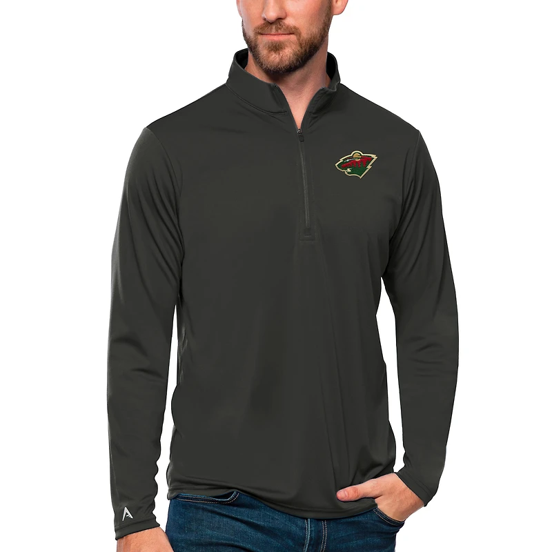 Men's Antigua Charcoal Minnesota Wild Tribute Quarter-Zip Pullover Top