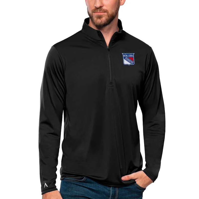 Men's Antigua Black New York Rangers Tribute Quarter-Zip Pullover Top