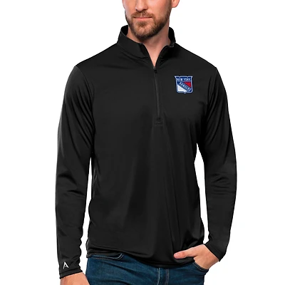 Men's Antigua Black New York Rangers Tribute Quarter-Zip Pullover Top
