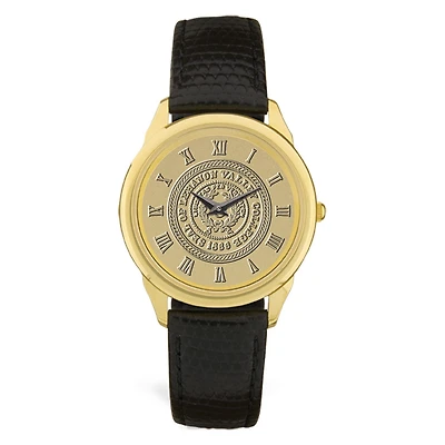 Men's Gold Lebanon Valley College Shield Logo Medallion Leather Wristwatch