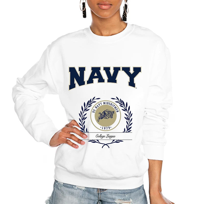 Women's Gameday Couture White Navy Midshipmen It's a Vibe Classic Fleece Crewneck Pullover Sweatshirt