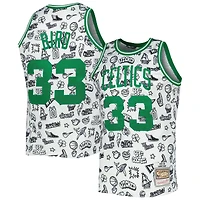 Men's Mitchell & Ness Larry Bird White Boston Celtics 1985/86 Hardwood Classics Doodle Swingman Jersey