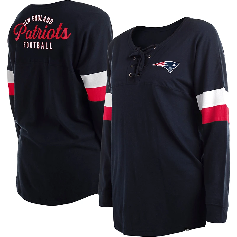 Women's New Era Navy New England Patriots Plus Size Athletic Varsity Lace-Up V-Neck Long Sleeve T-Shirt