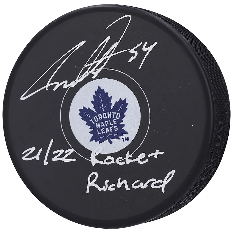 Auston Matthews Toronto Maple Leafs Autographed Hockey Puck with "21/22 Rocket Richard" Inscription