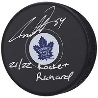 Auston Matthews Toronto Maple Leafs Autographed Hockey Puck with "21/22 Rocket Richard" Inscription