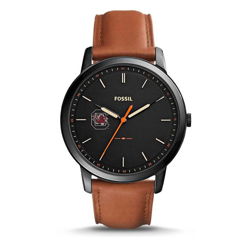 Fossil Black South Carolina Gamecocks Personalized Minimalist Slim Light Brown Leather Watch