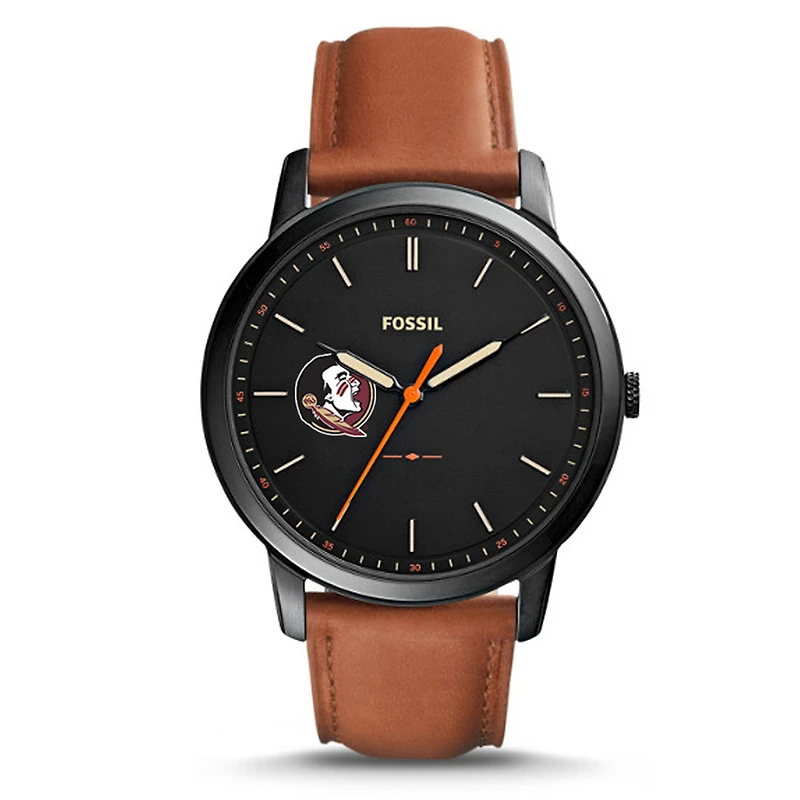 Fossil Black Florida State Seminoles Personalized Minimalist Slim Light Brown Leather Watch