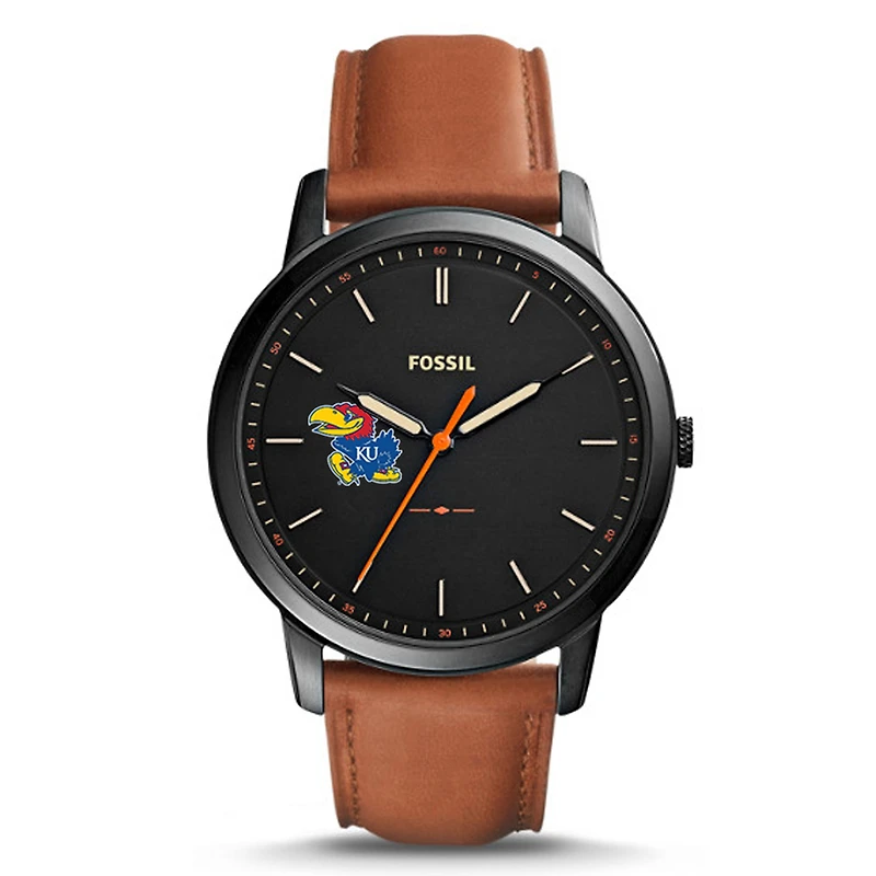 Fossil Black Kansas Jayhawks Personalized Minimalist Slim Light Brown Leather Watch