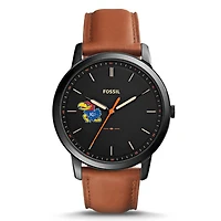 Fossil Black Kansas Jayhawks Personalized Minimalist Slim Light Brown Leather Watch