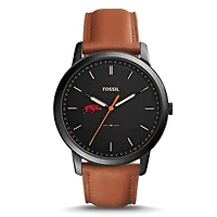 Fossil Black Arkansas Razorbacks Personalized Minimalist Slim Light Brown Leather Watch