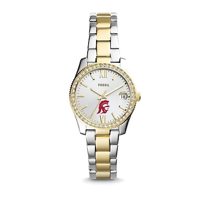 Women's Fossil Silver USC Trojans Personalized Scarlette Mini Two-Tone Stainless Steel Watch