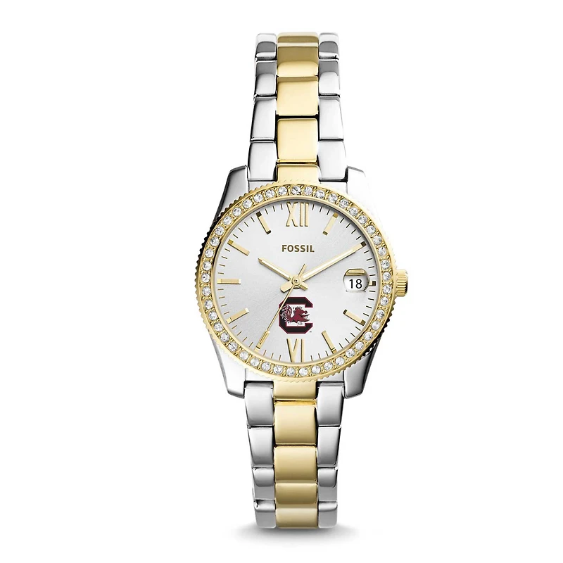 Women's Fossil Silver South Carolina Gamecocks Personalized Scarlette Mini Two-Tone Stainless Steel Watch