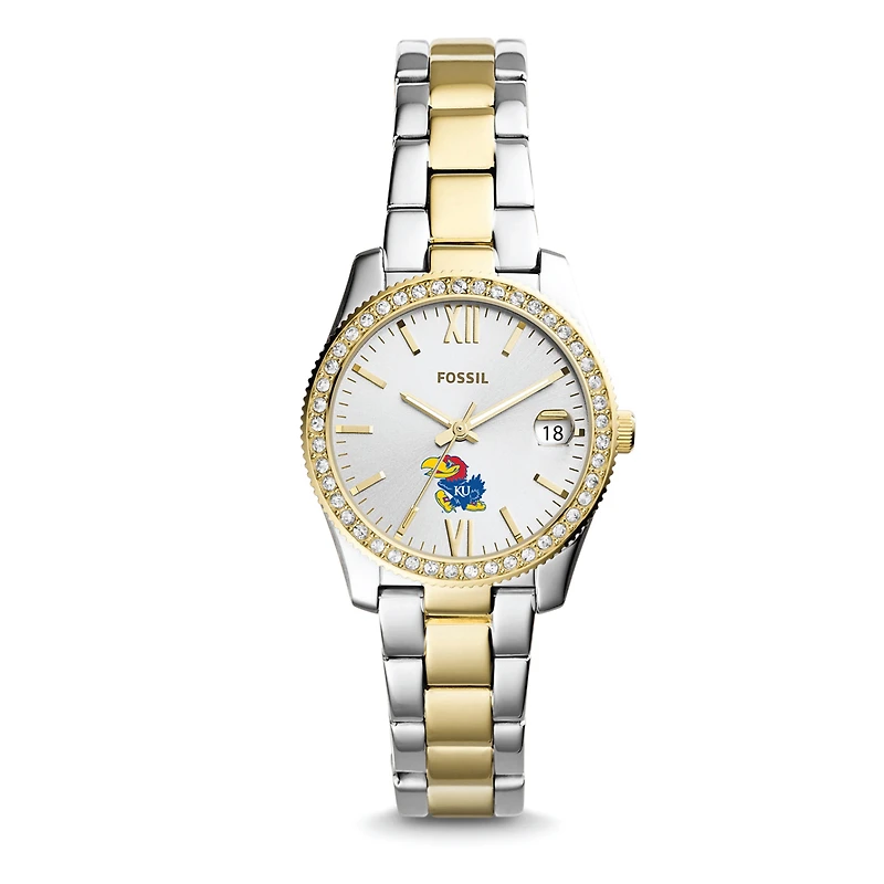 Women's Fossil Silver Kansas Jayhawks Personalized Scarlette Mini Two-Tone Stainless Steel Watch