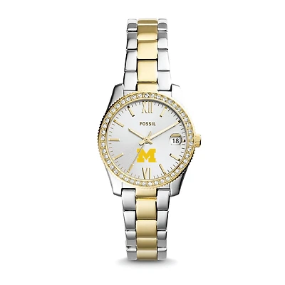 Women's Fossil Silver Michigan Wolverines Personalized Scarlette Mini Two-Tone Stainless Steel Watch