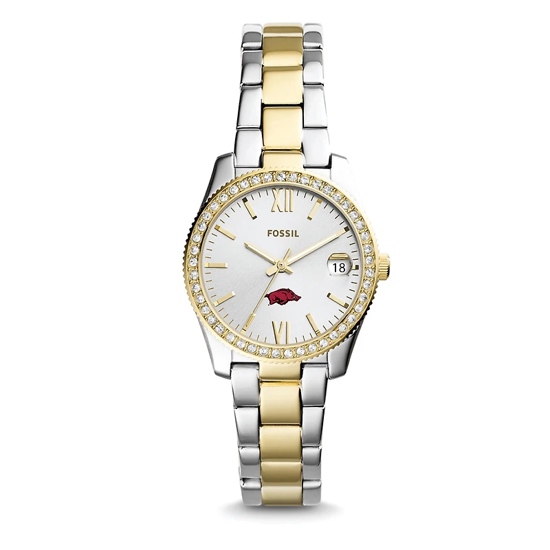 Women's Fossil Silver Arkansas Razorbacks Personalized Scarlette Mini Two-Tone Stainless Steel Watch