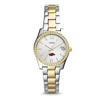 Women's Fossil Silver Arkansas Razorbacks Personalized Scarlette Mini Two-Tone Stainless Steel Watch