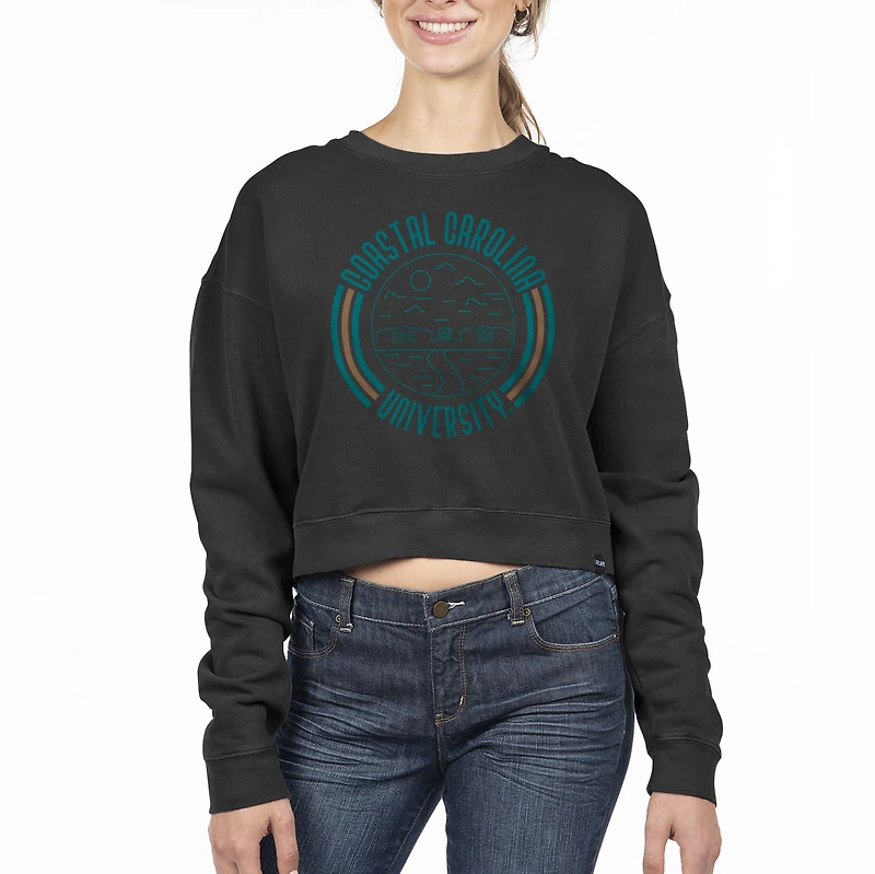 Women's Uscape Apparel Black Coastal Carolina Chanticleers Circle Scene Cropped Crewneck Sweatshirt