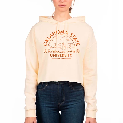 Women's Uscape Apparel Cream Oklahoma State Cowboys Circle Scene Raw Edge Cropped Pullover Hoodie
