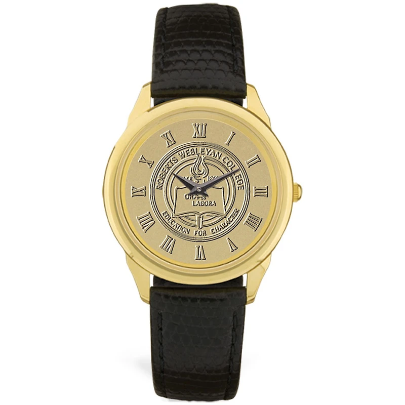 Men's Gold Roberts Wesleyan Redhawks Medallion Leather Wristwatch