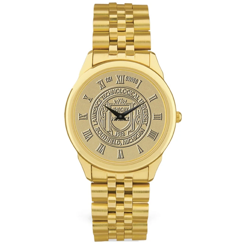 Men's Gold Lawrence Technological University Blue Devils Medallion Rolled Link Bracelet Wristwatch