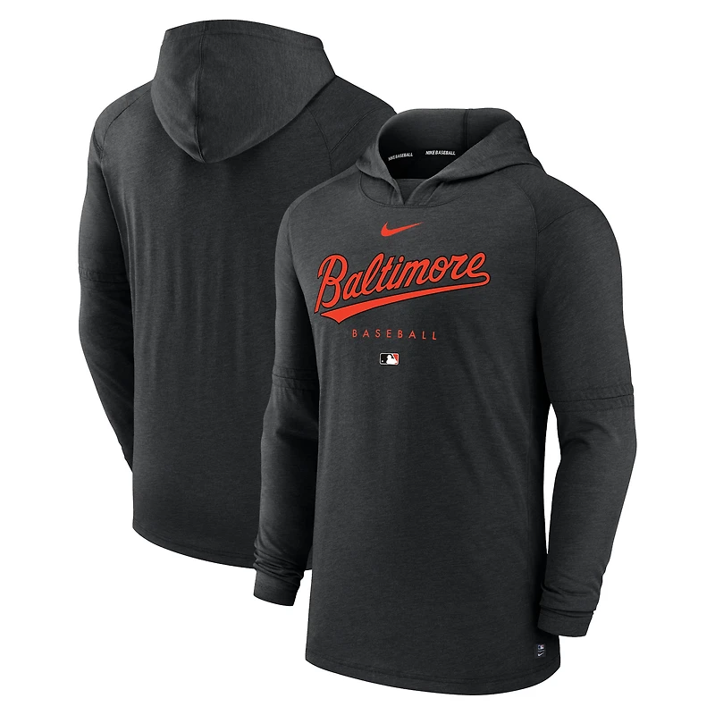 Men's Nike Heather Black Baltimore Orioles Authentic Collection Lightweight Dri-FIT Hooded Pullover