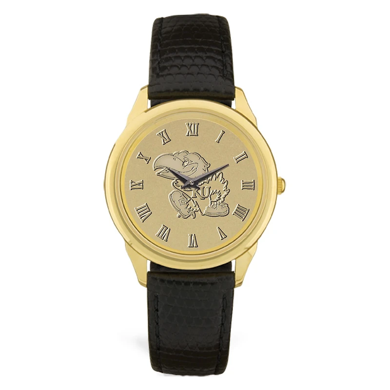 Gold Kansas Jayhawks Personalized Medallion Black Leather Wristwatch