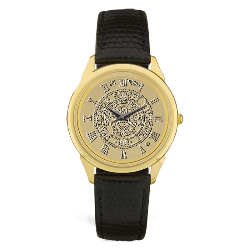 Gold Saint Louis Billikens Personalized Medallion Black Leather Wristwatch