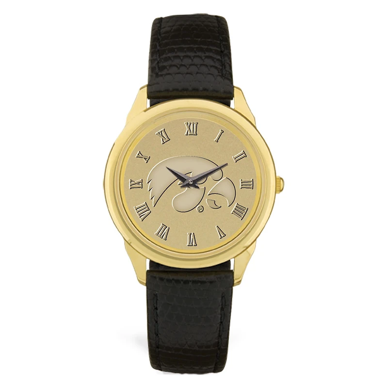 Gold Iowa Hawkeyes Personalized Medallion Black Leather Wristwatch