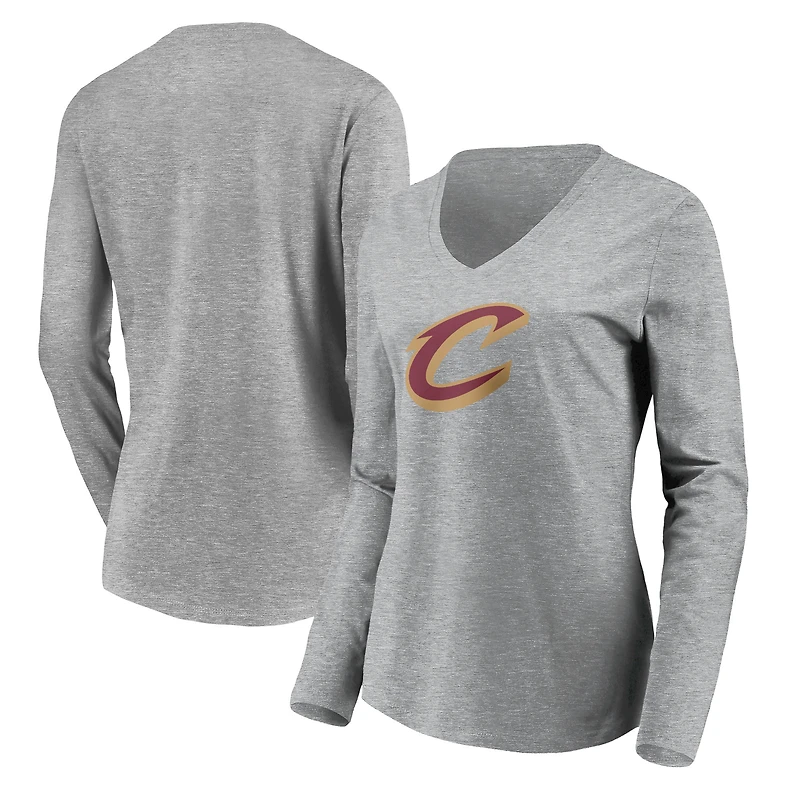 Women's Heathered Gray Cleveland Cavaliers Primary Logo Team Long Sleeve V-Neck T-Shirt