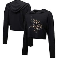 Women's Majestic Threads Black Minnesota Vikings Leopard Cropped Pullover Hoodie