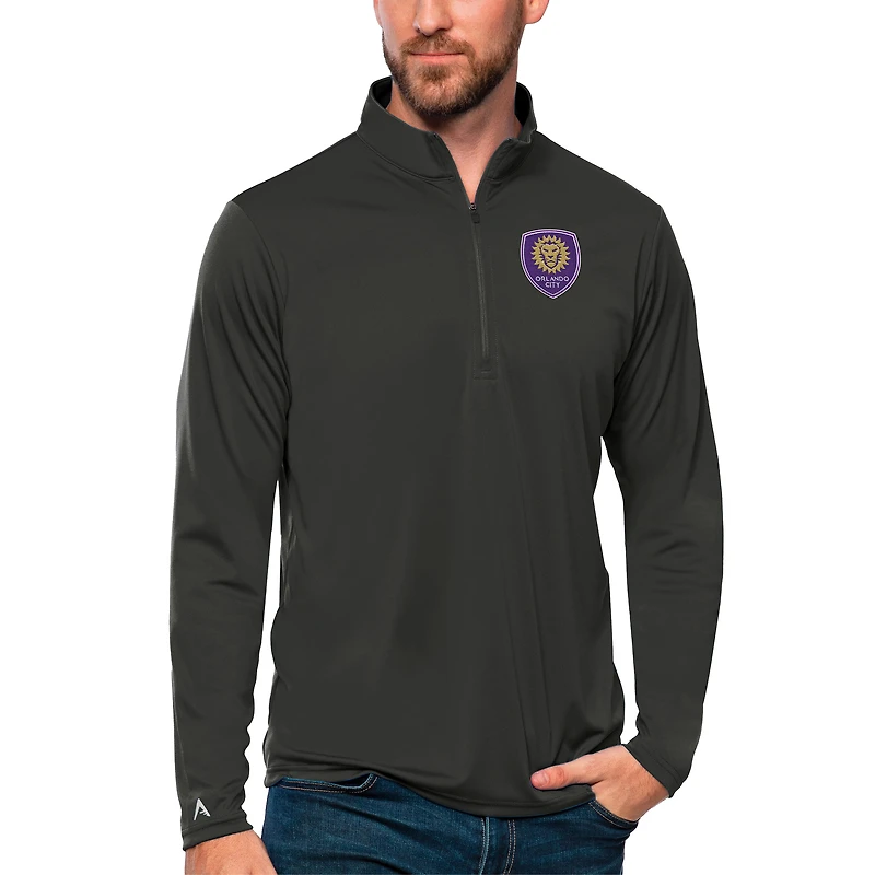 Men's Antigua Charcoal Orlando City SC Tribute Quarter-Zip Pullover Top