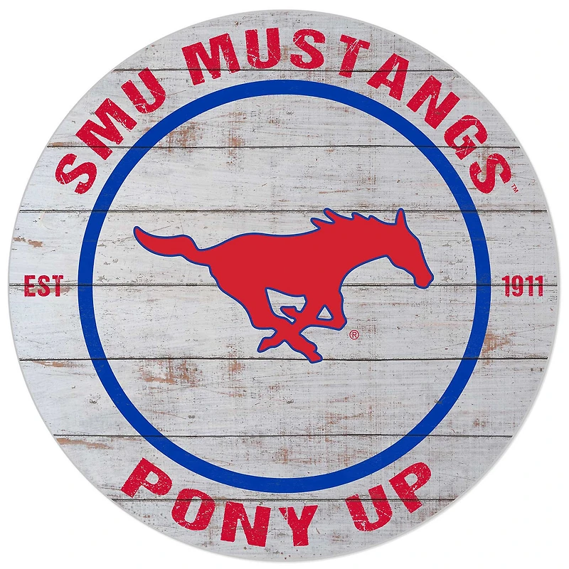 White SMU Mustangs 20'' x 20'' Indoor/Outdoor Weathered Circle Sign