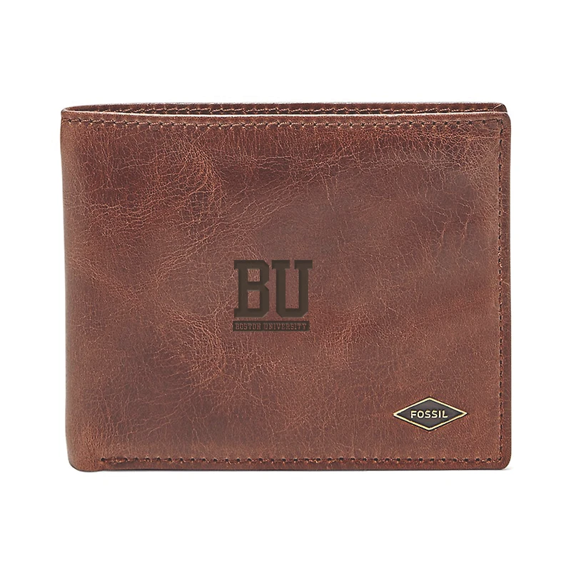 Men's Fossil Brown Boston University Leather Ryan RFID Flip ID Bifold Wallet