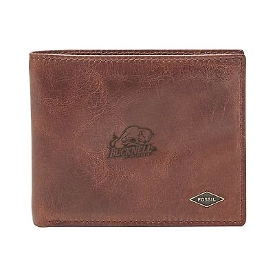 Men's Fossil Brown Bucknell Bison Leather Ryan RFID Flip ID Bifold Wallet