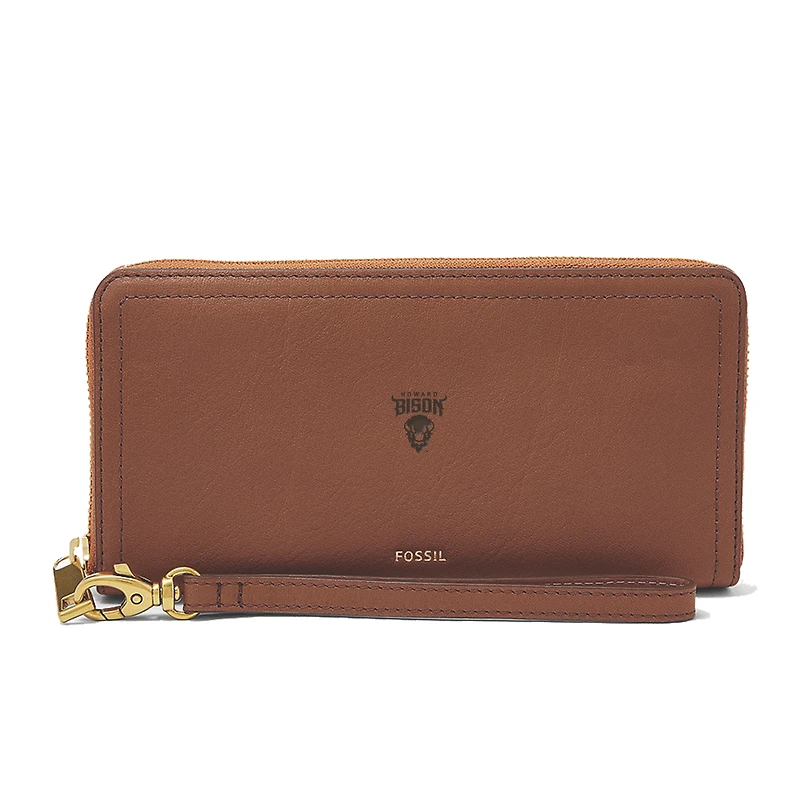 Women's Fossil Brown Howard Bison Leather Logan RFID Zip Around Clutch