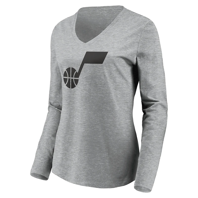 Women's Heathered Gray Utah Jazz Primary Logo Team Long Sleeve V-Neck T-Shirt