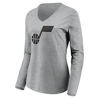 Women's Heathered Gray Utah Jazz Primary Logo Team Long Sleeve V-Neck T-Shirt