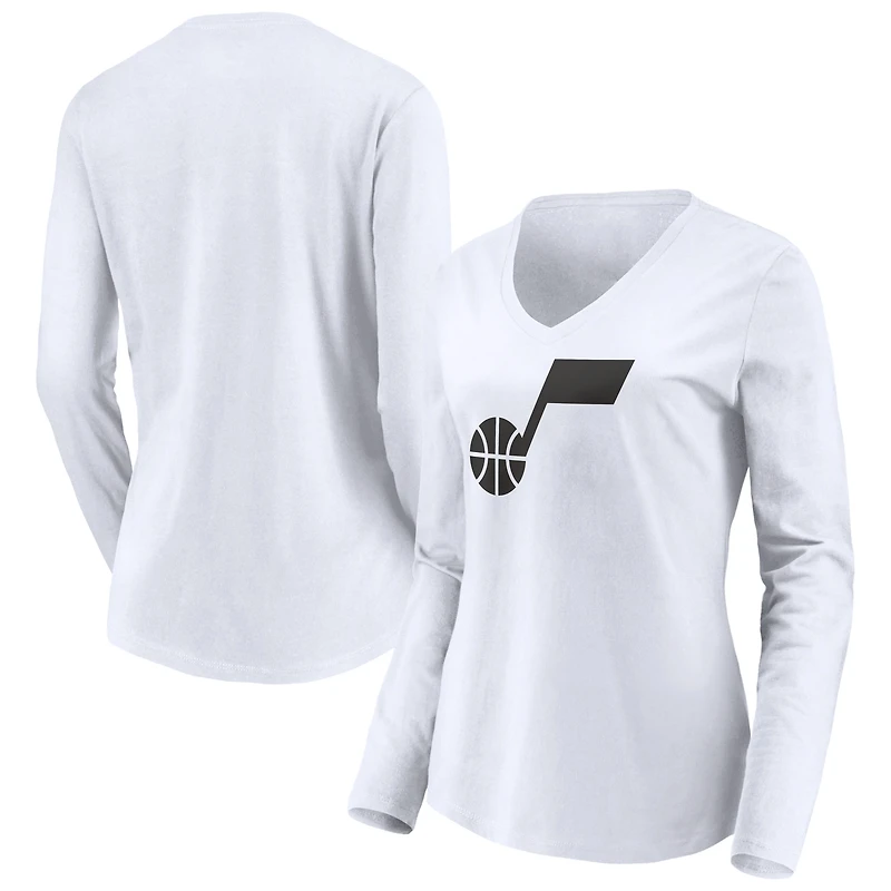 Women's White Utah Jazz Primary Logo Team Long Sleeve V-Neck T-Shirt