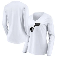Women's White Utah Jazz Primary Logo Team Long Sleeve V-Neck T-Shirt